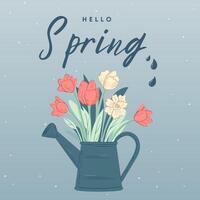 Hello spring card. Trendy spring design with watering can in pastel colors and text. Poster, greeting card, banner. vector