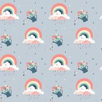 Seamless pattern with fantasy rainbows and watering can. Creative spring background, wallpaper. vector