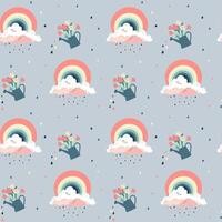 Seamless pattern with fantasy rainbows and watering can. Creative spring background, wallpaper. vector