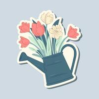 Spring sticker watering can with flowers. Hand drawn style. Springtime element. Vector seasonal element.