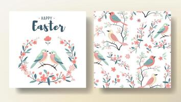 Set of Easter greeting card and seamless pattern with birds, spring template. Happy Easter vector