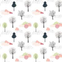 Cute trees seamless pattern. Scandinavian trees and clouds vector wallpaper. Childish fantasy background.