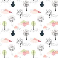 Cute trees seamless pattern. Scandinavian trees and clouds vector wallpaper. Childish fantasy background.