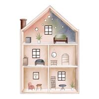 Watercolor doll house with three storeys, little furniture. Watercolor toys. Pastel colored puppet vector