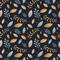 Vector seamless pattern of colorful leaves. Dark background, vector floral pattern.