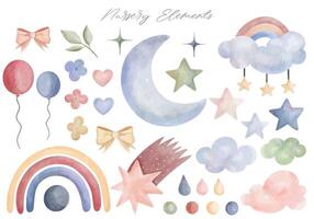 Set of watercolor rainbow clouds moon stars. Fantasy pastel color. Vector nursery elements