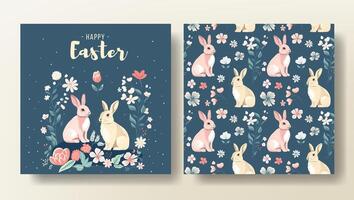 Set of Easter greeting card and seamless pattern with rabbit, spring template. Happy Easter vector