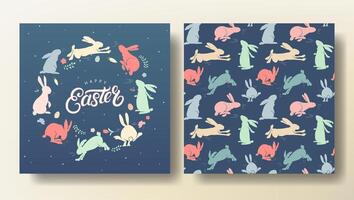 Set of Easter greeting card and seamless pattern with bunnies, spring template. Happy Easter vector