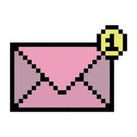 píxel sobre. icono de correo electrónico con notificación . 8 bits juego en blanco antecedentes vector