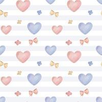 Seamless pattern with watercolor hearts flowers bows. Cute childish wallpaper. Vector background in pastel colors