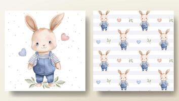 Set of card and seamless pattern with watercolor rabbit and hearts. Springtime template. Cute childish print. vector