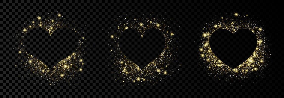 Set of three heart shape frames with golden glitter on dark background. Greeting card with empty dark background. Vector illustration.