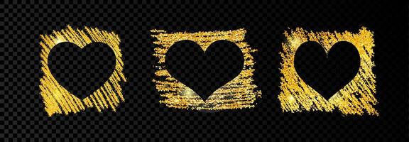 Set of three hearts on golden glittering scribble paint on dark background. Background with gold sparkles and glitter effect. Empty space for your text. Vector illustration