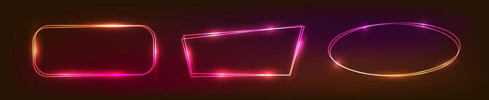 Set of neon double frames with shining effects vector