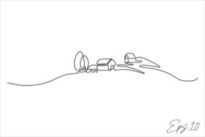 continuous line drawing of a village scene vector