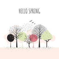 Spring trees minimalist style. Fairy trees. Scandinavian trees composition. Cartoon fantasy frame. Hello spring card. vector