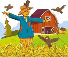 Vector illustration of a scarecrow with crows flying in the field