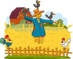 Vector illustration of a scarecrow with crows flying in the field