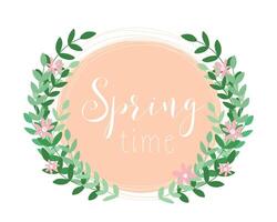 Cute wreath spring with doodle elements. Springtime isolated on white. Lettering spring time in frame with leaves and flowers for greeting card, invitation, banner, poster, background, sale, offer. vector