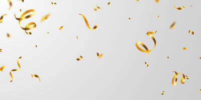 Golden confetti and zigzag ribbon falling from above streamer, tinsel vector