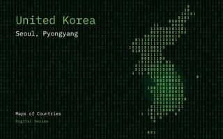 unido Corea, sur y norte Corea mapa mostrado en binario código modelo. tsmc. matriz números, cero, uno. mundo países vector mapas digital serie