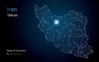 Iran Map with a capital of Tehran Shown in a Microchip Pattern with processor. E-government. World Countries vector maps. Microchip Series