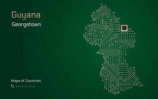 Guyana Map with a capital of Georgetown Shown in a Microchip Pattern with processor. E-government. World Countries vector maps. Microchip Series