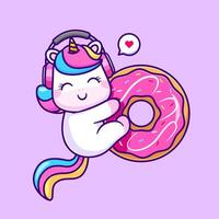 Cute Unicorn Hug Donut With Headphone Cartoon Vector Icon Illustration. Animal Food Icon Concept Isolated Premium Vector. Flat Cartoon Style