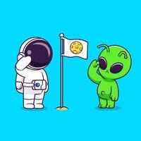 Cute Astronaut and Cute Alien Respect Moon Flag Cartoon Vector Icon Illustration. Science Technology Icon Concept Isolated Premium Vector. Flat Cartoon Style