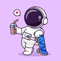 Cute Astronaut Drink Boba Milk Tea With Skateboard Cartoon Vector Icon Illustration. Science Drink Icon Concept Isolated Premium Vector. Flat Cartoon Style