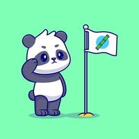 Cute Panda Respect Bamboo Flag Cartoon Vector Icon Illustration. Animal Nature Icon Concept Isolated Premium Vector. Flat Cartoon Style