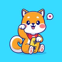 Cute Lucky Shiba Inu Holding Gold Coin Cartoon Vector Icon Illustration. Animal Business Icon Concept Isolated Premium Vector. Flat Cartoon Style