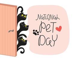 National Pet Day. 11 April. Cute cartoon cats. Inscription, lettering. Footprint, animal paw print, heart shape. Holiday social media post and card. Notification banner concept. vector