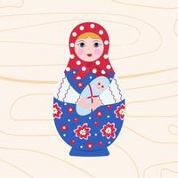 Wooden Matryoshka.  Painted doll with child in her arms. Mother and child. Family, motherhood concept. Russian traditional toy, souvenir. Vector illustration, background isolated.