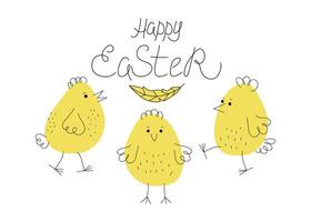 Set chickens, Easter eggs. Banner, Easter design. Calligraphy inscription, doodle. Cartoon funny chicks. Hand drawn linear icons. Pets, Animals. vector