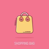 Shopping bag icon in comic style. Handbag cartoon sign vector illustration on isolated background. Package splash effect business concept.