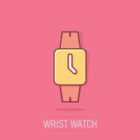 Wrist watch icon in comic style. Hand clock cartoon vector illustration on isolated background. Time bracelet splash effect business concept.