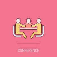 People with table icon in comic style. Teamwork conference cartoon vector illustration on isolated background. Speaker dialog splash effect business concept.