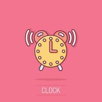 reloj icono en cómic estilo. reloj dibujos animados vector ilustración en aislado antecedentes. Temporizador chapoteo efecto negocio concepto.