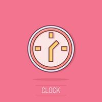 reloj icono en cómic estilo. reloj dibujos animados vector ilustración en aislado antecedentes. Temporizador chapoteo efecto negocio concepto.