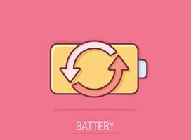 Battery charge icon in comic style. Power level cartoon vector illustration on isolated background. Lithium accumulator splash effect business concept.