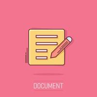 Blogging icon in comic style. Document with pen cartoon vector illustration on isolated background. Content splash effect business concept.