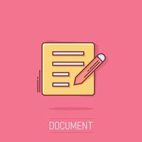 Blogging icon in comic style. Document with pen cartoon vector illustration on isolated background. Content splash effect business concept.