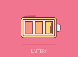 Battery charge icon in comic style. Power level cartoon vector illustration on isolated background. Lithium accumulator splash effect business concept.