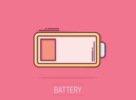 Battery charge icon in comic style. Power level cartoon vector illustration on isolated background. Lithium accumulator splash effect business concept.