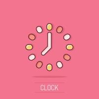 Clock icon in comic style. Watch cartoon vector illustration on isolated background. Timer splash effect business concept.