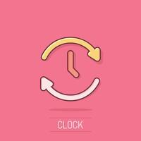 Clock icon in comic style. Watch cartoon vector illustration on isolated background. Timer splash effect business concept.