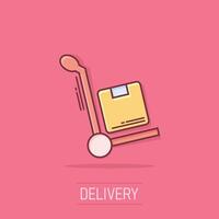 Cargo trolley icon in comic style. Delivery box cartoon vector illustration on isolated background. Box shipping splash effect business concept.