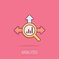 Market trend icon in comic style. Growth arrow with magnifier cartoon vector illustration on isolated background. Increase splash effect business concept.