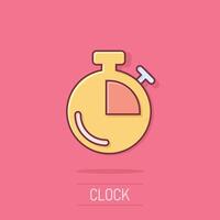 Clock icon in comic style. Watch cartoon vector illustration on isolated background. Timer splash effect business concept.